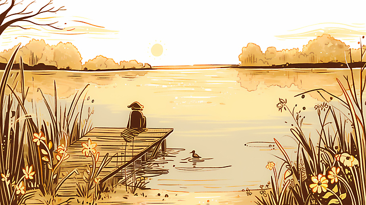 JPG 전신 호수 일러스트 조류 하늘 따뜻함 한명 앉기 성인 햇빛 노란색 노을 풀 나무다리 오후 성인한명만 국내일러스트 AI일러스트 AI콘텐츠 자연요소 식물 동물 1 컬러 모션 사람 태양 다리_건축물 성인만 파일형식