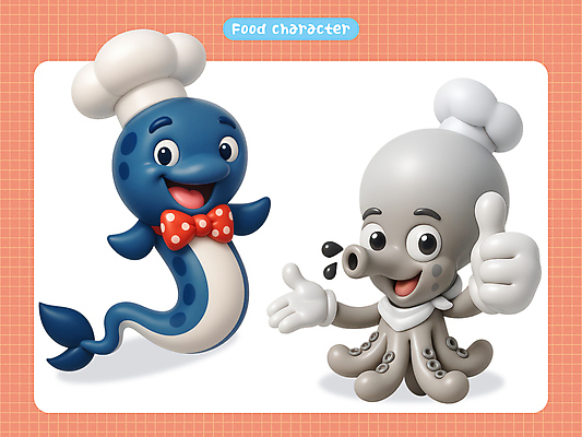 PSD 편집이미지 나비넥타이 3D캐릭터 요리사모자 미소 사람없음 세트 3D 손들기 스카프 장어 해산물 음식캐릭터 문어 따봉 오징어먹물 편집3D 캐릭터 모자_잡화 음식 모션 넥타이 연체동물 표정 어류 요리사 목도리 수중동물 최고 디지털합성 파일형식