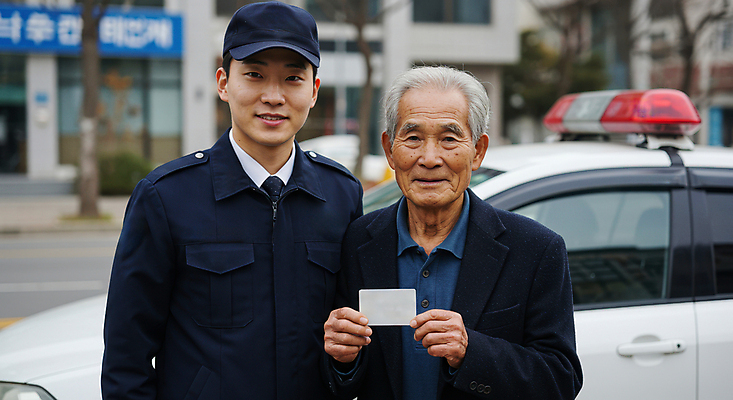 JPG 편집이미지 할아버지 노년 남자 자동차 미소 들기 상반신 성인 두명 건물 운전사 경찰모자 경찰차 교통경찰 면허증 의료성형뷰티 남자만 고령운전 편집실사 AI인물포토 AI콘텐츠 직업 모자_잡화 건축물 육상교통 모션 표정 사람 운전 경찰 CG 면허 증명서 파일형식 AI포토