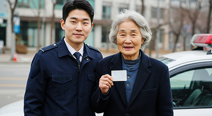 JPG 편집이미지 여자 할아버지 노년 남자 할머니 자동차 미소 들기 상반신 성인 두명 건물 운전사 경찰차 교통경찰 면허증 의료성형뷰티 고령운전 편집실사 AI인물포토 AI콘텐츠 직업 건축물 육상교통 모션 표정 사람 운전 경찰 CG 면허 증명서 파일형식 AI포토