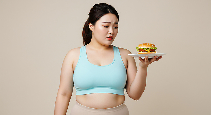 JPG 편집이미지 여자 다이어트 한명 상반신 성인 운동복 건강관리 햄버거 비만 고민 식단 과체중 베이지색 접기 의료성형뷰티 성인여자한명만 편집실사 AI인물포토 AI콘텐츠 1 옷 감정 컬러 모션 패스트푸드 건강 관리 사람 몸무게 몸매 CG 여자한명만 성인여자만 파일형식 AI포토