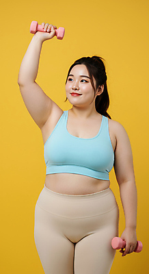 JPG 편집이미지 여자 다이어트 한명 미소 들기 성인 운동복 노란색 건강관리 아령 비만 과체중 의료성형뷰티 성인여자한명만 편집실사 AI인물포토 AI콘텐츠 1 옷 컬러 모션 표정 건강 관리 사람 몸무게 몸매 CG 여자한명만 성인여자만 파일형식 AI포토