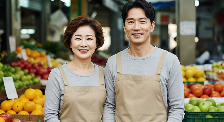 JPG 편집이미지 여자 남자 중년 과일 미소 상반신 두명 앞치마 시장 상인 진열장 중년부부 과일가게 의료성형뷰티 중년만 편집실사 AI인물포토 AI콘텐츠 부부 표정 사람 성인 상점 CG 성인만 파일형식 AI포토