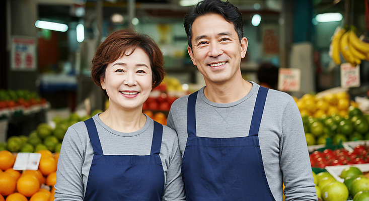 JPG 편집이미지 여자 남자 중년 과일 미소 상반신 두명 앞치마 시장 상인 진열장 중년부부 과일가게 의료성형뷰티 중년만 편집실사 AI인물포토 AI콘텐츠 부부 표정 사람 성인 상점 CG 성인만 파일형식 AI포토