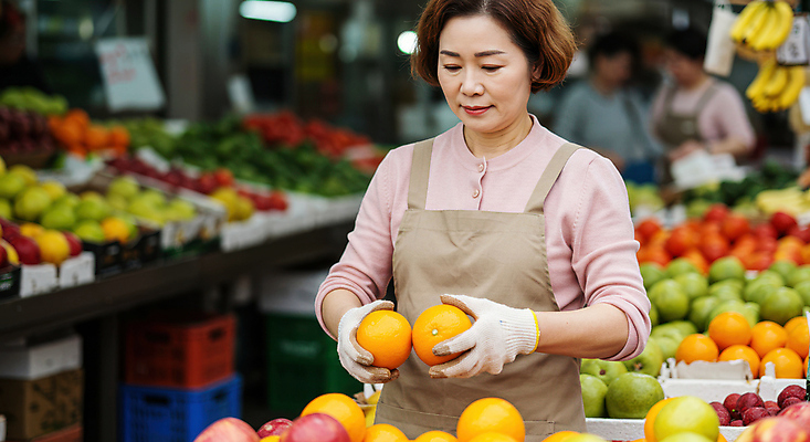 JPG 편집이미지 여자 중년 과일 들기 상반신 세명 앞치마 시장 상인 진열장 과일가게 목장갑 의료성형뷰티 중년여자만 편집실사 AI인물포토 AI콘텐츠 장갑 모션 사람 성인 상점 CG 여자만 중년만 파일형식 AI포토