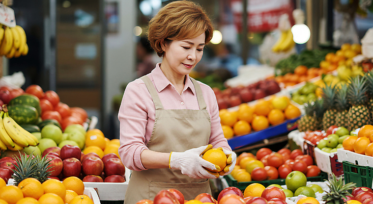 JPG 편집이미지 여자 중년 과일 한명 상반신 앞치마 시장 상인 진열장 보케 과일가게 목장갑 의료성형뷰티 중년여자한명만 편집실사 AI인물포토 AI콘텐츠 1 장갑 사람 성인 상점 CG 여자한명만 중년여자만 파일형식 AI포토