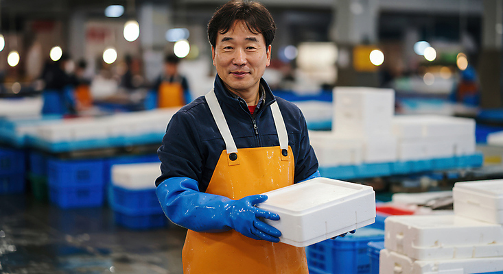 JPG 편집이미지 남자 중년 미소 들기 여러명 상반신 앞치마 시장 상인 진열장 보케 고무장갑 수산시장 스티로폼박스 의료성형뷰티 중년남자만 편집실사 AI인물포토 AI콘텐츠 장갑 다수 모션 표정 사람 성인 상자 CG 고무 남자만 중년만 파일형식 AI포토