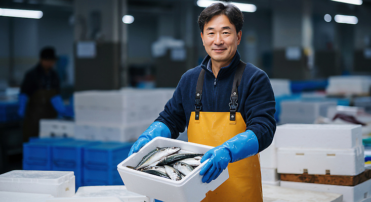 JPG 편집이미지 남자 중년 어류 미소 들기 상반신 두명 앞치마 시장 상인 진열장 보케 고무장갑 수산시장 스티로폼박스 의료성형뷰티 중년남자만 편집실사 AI인물포토 AI콘텐츠 장갑 모션 표정 사람 성인 상자 수중동물 CG 고무 남자만 중년만 파일형식 AI포토