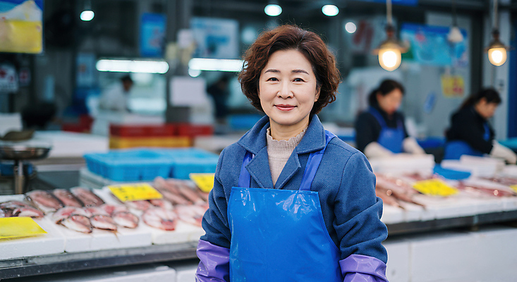 JPG 편집이미지 여자 중년 어류 미소 상반신 세명 앞치마 시장 상인 진열장 보케 고무장갑 수산시장 의료성형뷰티 중년여자만 편집실사 AI인물포토 AI콘텐츠 장갑 표정 사람 성인 수중동물 CG 고무 여자만 중년만 파일형식 AI포토
