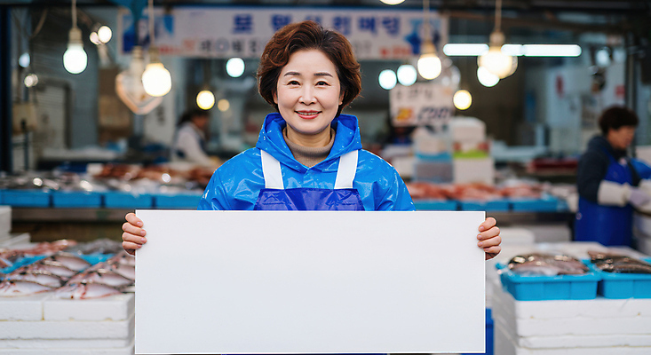 JPG 편집이미지 여자 중년 어류 미소 들기 상반신 두명 앞치마 팻말 시장 상인 진열장 보케 수산시장 의료성형뷰티 중년여자만 카피스페이스 편집실사 AI인물포토 AI콘텐츠 모션 프레임 표정 사람 성인 수중동물 공백 CG 여자만 중년만 파일형식 AI포토
