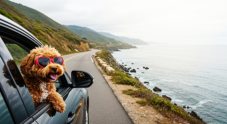 JPG 편집이미지 한마리 바다 자동차 하늘 산 사람없음 선글라스 드라이브 구경 푸들 해안도로 편집실사 AI포토 AI콘텐츠 1 안경 도로 육상교통 운전 개 CG 파일형식