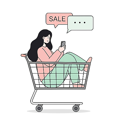 전신 여자 분홍색 말풍선 일러스트 한명 미소 들기 앉기 성인 스마트폰 세일 쇼핑카 온라인쇼핑 성인여자한명만 국내일러스트 AI파일 1 컬러 모션 표정 사람 핸드폰 스마트기기 쇼핑 카트 온라인 여자한명만 성인여자만 파일형식 벡터