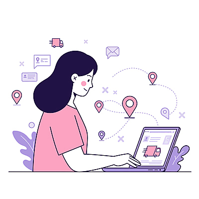 여자 분홍색 말풍선 일러스트 한명 미소 상반신 성인 노트북 보라색 타이핑 메시지 배송 온라인쇼핑 GPS 성인여자한명만 탑차 국내일러스트 AI파일 1 컬러 표정 사람 전자제품 쇼핑 트럭 온라인 여자한명만 성인여자만 파일형식 벡터