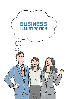 여자 남자 허리손 말풍선 일러스트 미소 정장 상반신 성인 세명 손들기 파이팅 비즈니스맨 비즈니스우먼 성인만 국내일러스트 AI파일 옷 포즈 비즈니스 모션 표정 사람 직장인 파일형식 벡터