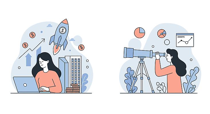 여자 화살표 일러스트 회사 미소 빌딩 상반신 성인 두명 파란색 노트북 사무실 달러 망원경 로켓 타이핑 잡기 비즈니스우먼 상승 원그래프 다홍색 동전탑 성인여자만 국내일러스트 AI파일 컬러 컨셉 돈 비즈니스 모션 그래프 표정 사람 건물 전자제품 쌓기 동전 직장인 여자만 성인만 파일형식 벡터