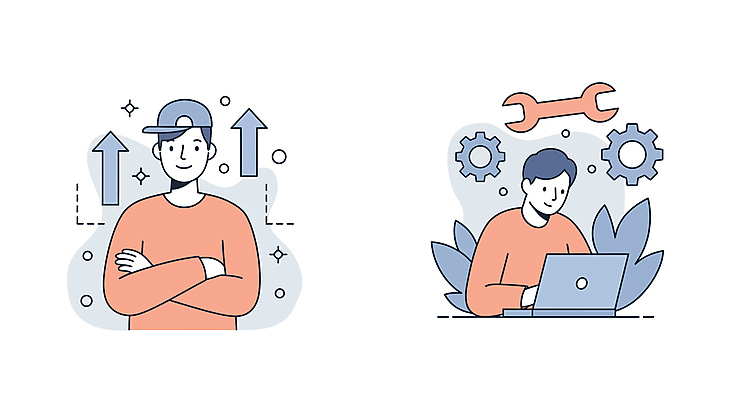 남자 화살표 일러스트 회사 미소 상반신 성인 두명 파란색 노트북 사무실 팔짱 스패너 타이핑 톱니바퀴 상승 다홍색 캡모자 성인남자만 국내일러스트 AI파일 모자_잡화 컬러 컨셉 비즈니스 모션 표정 사람 전자제품 공구 남자만 성인만 파일형식 벡터