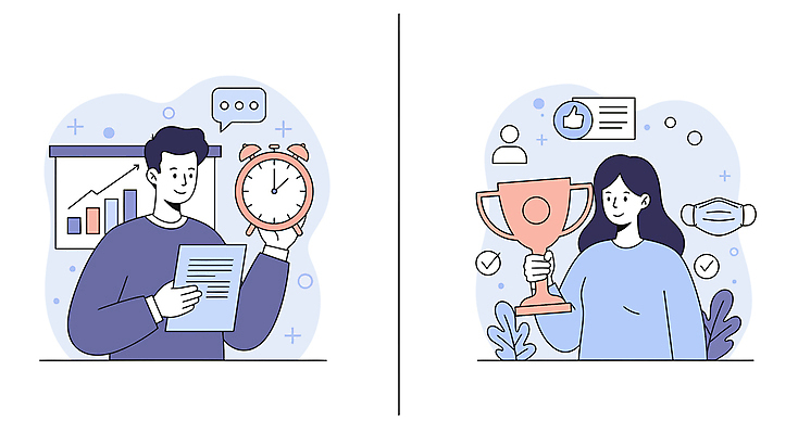 여자 남자 말풍선 일러스트 회사 그래프 사람모양 마스크 미소 들기 상반신 성인 두명 파란색 사무실 자명종 우승 트로피 프레젠테이션 체크표시 문서 따봉 시상 우승자 성인만 국내일러스트 AI파일 모양 시계 컬러 비즈니스 모션 표정 사람 알람 최고 상_우승 확인 파일형식 벡터