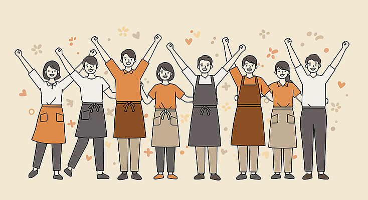 전신 여자 남자 일러스트 응원 미소 여러명 성인 손들기 파이팅 주황색 앞치마 만세 다리들기 베이지색 성인만 소상공인 국내일러스트 AI파일 직업 컬러 다수 모션 표정 사람 경제 상인 파일형식 벡터