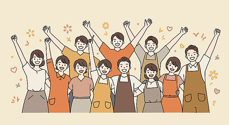 여자 남자 일러스트 응원 어깨동무 미소 여러명 상반신 성인 손들기 파이팅 주황색 앞치마 만세 가리킴 베이지색 성인만 소상공인 국내일러스트 AI파일 직업 컬러 포즈 다수 모션 표정 사람 손짓 경제 상인 파일형식 벡터