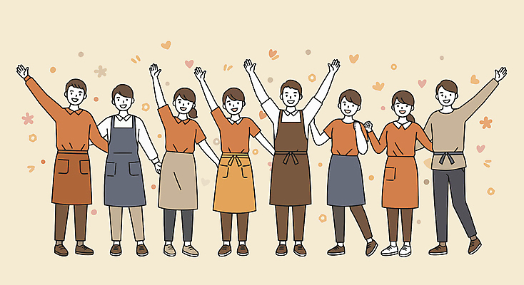 전신 여자 남자 일러스트 응원 미소 여러명 성인 손들기 파이팅 주황색 앞치마 만세 베이지색 성인만 소상공인 국내일러스트 AI파일 직업 컬러 다수 모션 표정 사람 경제 상인 파일형식 벡터