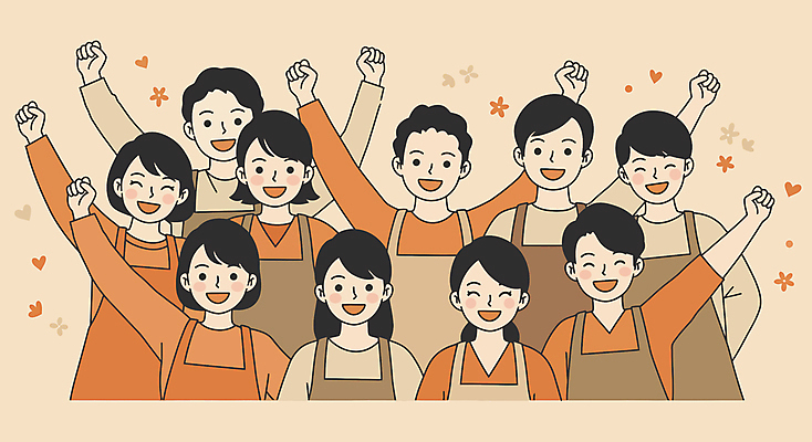 여자 남자 일러스트 응원 미소 여러명 상반신 성인 손들기 파이팅 주황색 앞치마 만세 베이지색 성인만 소상공인 국내일러스트 AI파일 직업 컬러 다수 모션 표정 사람 경제 상인 파일형식 벡터