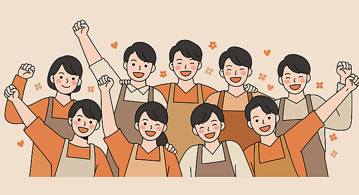 여자 남자 일러스트 응원 미소 여러명 상반신 성인 손들기 파이팅 주황색 앞치마 베이지색 성인만 소상공인 국내일러스트 AI파일 직업 컬러 다수 모션 표정 사람 경제 상인 파일형식 벡터