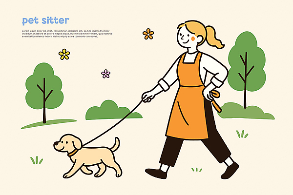 전신 나무 여자 꽃 허리손 일러스트 한명 미소 성인 걷기 앞치마 산책 잡기 풀 강아지 목줄 살구색 성인여자한명만 펫시터 국내일러스트 AI파일 식물 직업 1 컬러 포즈 모션 휴식 표정 사람 반려동물 개 여자한명만 성인여자만 파일형식 벡터 반려용품