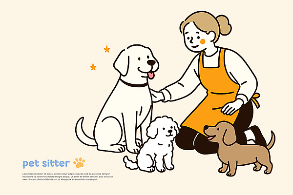 전신 여자 일러스트 한명 미소 앉기 성인 앞치마 강아지 무릎꿇기 메롱 개발자국 살구색 성인여자한명만 쓰다듬기 펫시터 국내일러스트 AI파일 직업 1 컬러 모션 표정 사람 반려동물 개 발자국 여자한명만 성인여자만 파일형식 벡터