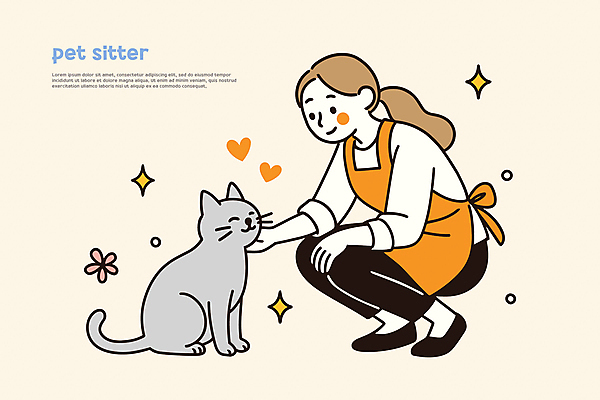 전신 여자 꽃 일러스트 한명 미소 앉기 성인 반짝임 고양이 앞치마 하트 웅크림 살구색 성인여자한명만 쓰다듬기 펫시터 국내일러스트 AI파일 모양 식물 직업 1 컬러 포유류 모션 표정 사람 반려동물 여자한명만 성인여자만 파일형식 벡터