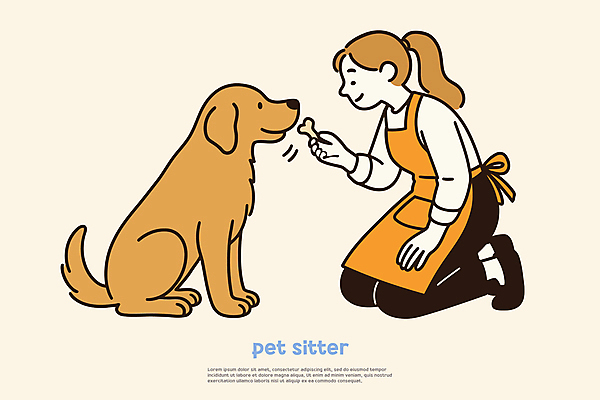 전신 여자 일러스트 한명 미소 들기 앉기 성인 앞치마 개 무릎꿇기 개뼈다귀 살구색 성인여자한명만 펫시터 국내일러스트 AI파일 직업 1 컬러 포유류 모션 표정 사람 애견간식 여자한명만 성인여자만 파일형식 벡터
