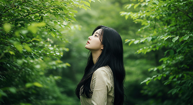 JPG 나무 편집이미지 여자 여유 자연 나뭇잎 한명 상반신 성인 올려보기 숲속 힐링 의료성형뷰티 성인여자한명만 편집실사 AI인물포토 AI콘텐츠 식물 1 감정 잎 모션 사람 숲 CG 생태계 여자한명만 성인여자만 파일형식 AI포토