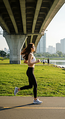 JPG 전신 편집이미지 여자 도로 한명 빌딩 잔디 성인 취미 운동복 강 달리기 건강관리 유산소운동 다리밑 러닝 무선이어폰 의료성형뷰티 성인여자한명만 편집실사 AI인물포토 AI콘텐츠 식물 1 옷 길 이어폰 교통시설 모션 건강 관리 사람 건물 운동 다리_건축물 아래 CG 여자한명만 성인여자만 파일형식 AI포토