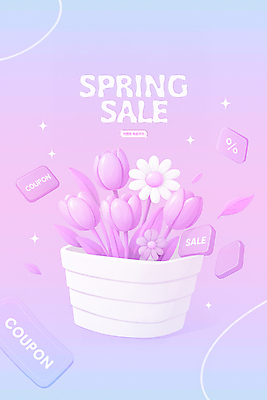 PSD 편집이미지 화분 분홍색 잎 봄꽃 이벤트 사람없음 반짝임 3D 보라색 그라데이션 할인혜택 이미지편집 편집3D 식물 꽃 컬러 모션 세일 봄 디지털합성 파일형식 혜택