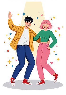 JPG 전신 여자 남자 대학생 허리손 일러스트 웃음 성인 취미 두명 빛 반짝임 청춘 손들기 하트 춤 즐거움 주머니손 동아리 성인만 국내일러스트 AI일러스트 AI콘텐츠 모양 학생 감정 포즈 컨셉 모션 문화예술 표정 사람 파일형식