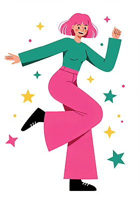 JPG 전신 여자 대학생 일러스트 한명 웃음 성인 취미 반짝임 청춘 손들기 춤 즐거움 다리들기 동아리 성인여자한명만 국내일러스트 AI일러스트 AI콘텐츠 1 학생 감정 컨셉 모션 문화예술 표정 사람 여자한명만 성인여자만 파일형식