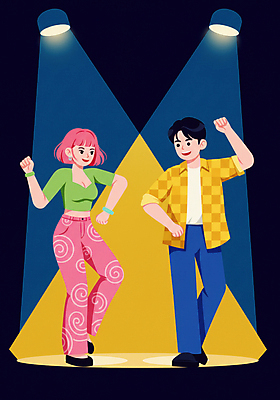 JPG 전신 여자 남자 대학생 일러스트 팔찌 전등 웃음 성인 취미 두명 빛 청춘 손들기 춤 즐거움 다리들기 동아리 성인만 국내일러스트 AI일러스트 AI콘텐츠 학생 감정 컨셉 장신구 모션 문화예술 조명 표정 사람 파일형식