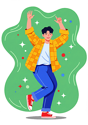 JPG 전신 남자 대학생 일러스트 한명 웃음 성인 취미 반짝임 청춘 손들기 춤 즐거움 다리들기 동아리 성인남자한명만 국내일러스트 AI일러스트 AI콘텐츠 1 학생 감정 컨셉 모션 문화예술 표정 사람 남자한명만 성인남자만 파일형식