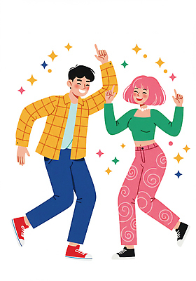 JPG 전신 여자 남자 대학생 일러스트 웃음 성인 취미 두명 청춘 가리킴 춤 즐거움 다리들기 동아리 성인만 국내일러스트 AI일러스트 AI콘텐츠 학생 감정 컨셉 모션 문화예술 표정 사람 손짓 파일형식