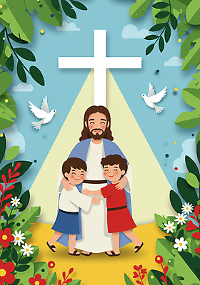 JPG 전신 편집이미지 남자 꽃 기독교 어린이 십자가 포옹 조류 미소 소년 성인 세명 파란색 천주교 풀잎 하나님 후광 이미지편집 편집실사 AI일러스트 AI콘텐츠 식물 동물 종교 컬러 잎 안기 표정 사람 빛 풀_식물 신_종교 CG 파일형식