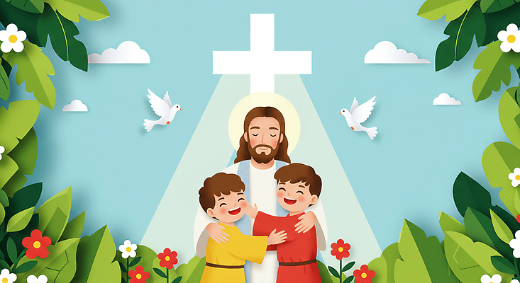 JPG 구름 편집이미지 남자 꽃 기독교 어린이 하늘색 십자가 포옹 조류 미소 소년 상반신 성인 세명 눈감음 천주교 풀잎 하나님 후광 이미지편집 편집실사 AI일러스트 AI콘텐츠 자연요소 식물 동물 종교 잎 안기 모션 표정 사람 파란색 빛 풀_식물 신_종교 CG 파일형식