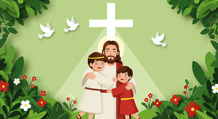 JPG 편집이미지 남자 꽃 기독교 어린이 십자가 포옹 조류 미소 소년 성인 세명 초록색 천주교 풀잎 하나님 후광 이미지편집 편집실사 AI일러스트 AI콘텐츠 식물 동물 종교 컬러 잎 안기 표정 사람 빛 풀_식물 신_종교 CG 파일형식