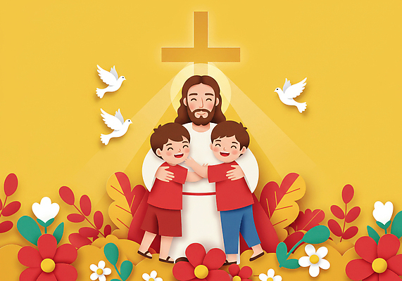 JPG 전신 편집이미지 남자 꽃 기독교 어린이 십자가 포옹 조류 미소 소년 성인 세명 노란색 천주교 풀잎 하나님 후광 이미지편집 편집실사 AI일러스트 AI콘텐츠 식물 동물 종교 컬러 잎 안기 표정 사람 빛 풀_식물 신_종교 CG 파일형식