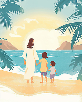 JPG 전신 여자 남자 기독교 물결 어린이 일러스트 하늘 소녀 소년 성인 해변 뒷모습 세명 야자수 햇빛 걷기 노을 손잡기 예수 국내일러스트 AI일러스트 AI콘텐츠 자연요소 나무 종교 바다 뷰포인트 모션 사람 태양 신_종교 파일형식