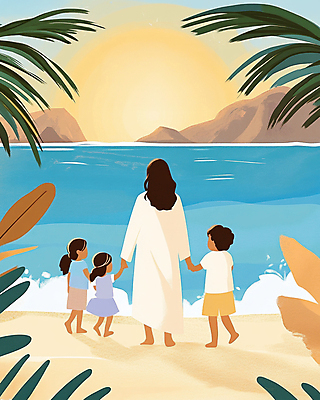 JPG 전신 여자 남자 기독교 물결 어린이 일러스트 하늘 소녀 소년 여러명 성인 해변 뒷모습 야자수 햇빛 걷기 노을 손잡기 예수 국내일러스트 AI일러스트 AI콘텐츠 자연요소 나무 종교 바다 뷰포인트 다수 모션 사람 태양 신_종교 파일형식