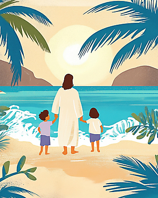 JPG 전신 여자 남자 기독교 물결 어린이 일러스트 하늘 소녀 소년 성인 해변 뒷모습 세명 야자수 햇빛 걷기 노을 손잡기 예수 국내일러스트 AI일러스트 AI콘텐츠 자연요소 나무 종교 바다 뷰포인트 모션 사람 태양 신_종교 파일형식