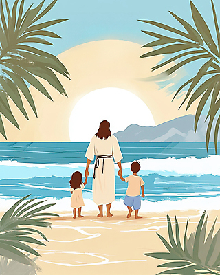 JPG 전신 여자 남자 기독교 물결 어린이 일러스트 하늘 소녀 소년 성인 해변 뒷모습 세명 야자수 햇빛 걷기 노을 손잡기 예수 국내일러스트 AI일러스트 AI콘텐츠 자연요소 나무 종교 바다 뷰포인트 모션 사람 태양 신_종교 파일형식