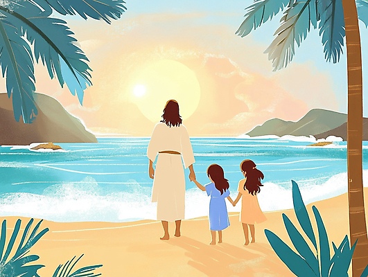 JPG 전신 여자 남자 기독교 물결 어린이 일러스트 하늘 소녀 성인 해변 뒷모습 세명 야자수 햇빛 걷기 노을 손잡기 예수 국내일러스트 AI일러스트 AI콘텐츠 자연요소 나무 종교 바다 뷰포인트 모션 사람 태양 신_종교 파일형식