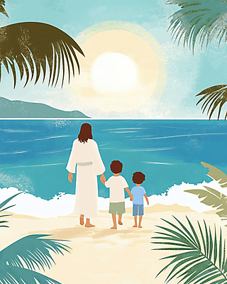 JPG 전신 남자 기독교 물결 어린이 일러스트 하늘 소년 성인 해변 뒷모습 세명 야자수 햇빛 걷기 노을 손잡기 예수 남자만 국내일러스트 AI일러스트 AI콘텐츠 자연요소 나무 종교 바다 뷰포인트 모션 사람 태양 신_종교 파일형식