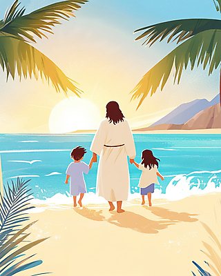 JPG 전신 여자 남자 기독교 물결 어린이 일러스트 하늘 그림자 소녀 소년 성인 해변 뒷모습 세명 야자수 햇빛 걷기 노을 손잡기 예수 국내일러스트 AI일러스트 AI콘텐츠 자연요소 나무 종교 바다 뷰포인트 모션 사람 태양 신_종교 파일형식