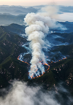 JPG 편집이미지 자연 불 산 건조 안전 사람없음 봄 피해 연기 숲 위험 사회이슈 디지털합성 화재 산불 항공촬영 산맥 편집실사 AI포토 AI콘텐츠 자연요소 계절 뷰포인트 컨셉 사건 CG 생태계 파일형식